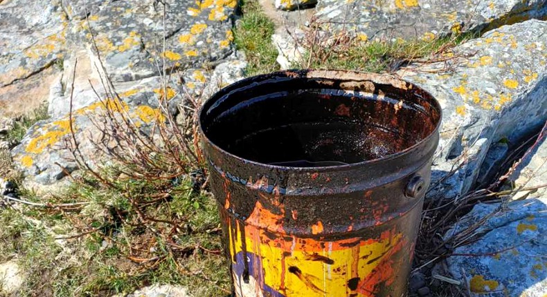 Bilden visar en gul 30-litershink som är orsaken till oljeutsläppet i Brantevik. Hinken står på stenhällar och gräs syns i nederkant.