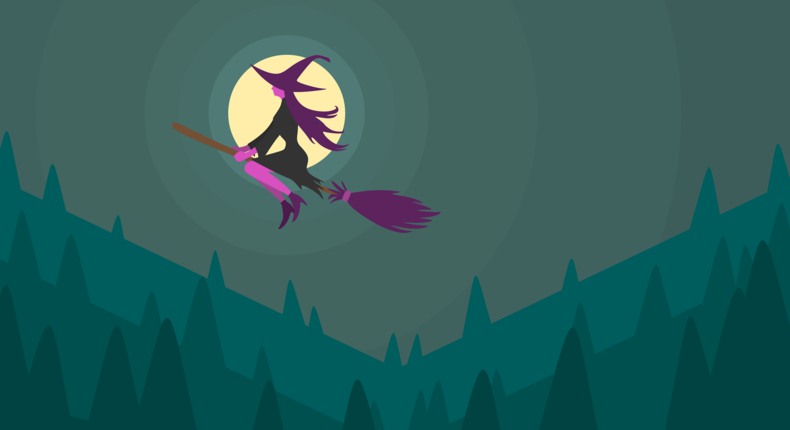Illustration av en flygande häxa som flyger över en mörk skog en fullmånenatt.