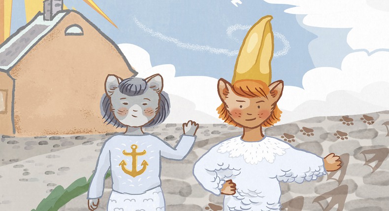 Illustration över Nim och Nälla, två små kattfigurer som står på bakbenen, varav den ena är utklädd till mås. Efter dem syns små tass- och måsavtryck över kullerstenar.