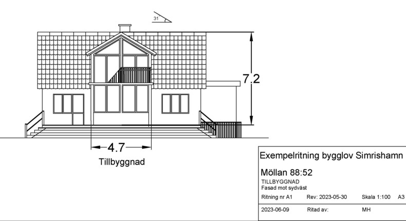 Exempel på fasadritning av tillbyggnad, skala 1:100.