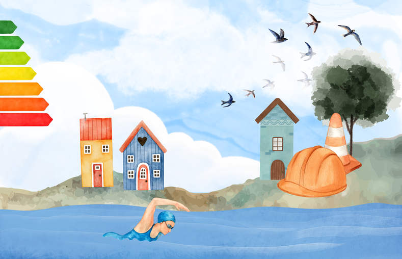 Illustration av hus och bad.